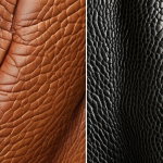 ** Close-up of real and fake leather textures side-by-side. Real leather shows imperfections, wrinkles, and natural grain. Fake leather appears smooth, uniform, and without flaws. Focus on visual differences detectable by the naked eye.

**