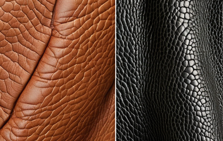 ** Close-up of real and fake leather textures side-by-side. Real leather shows imperfections, wrinkles, and natural grain. Fake leather appears smooth, uniform, and without flaws. Focus on visual differences detectable by the naked eye.
**