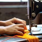 **

Close-up of skilled hands operating an industrial leather sewing machine in a brightly lit Vietnamese workshop. Focus on the needle piercing thick leather, with spools of colorful thread and tools (awl, mallet) blurred in the background. The atmosphere should be one of precision and craftsmanship.

**