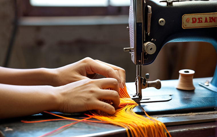 **
Close-up of skilled hands operating an industrial leather sewing machine in a brightly lit Vietnamese workshop. Focus on the needle piercing thick leather, with spools of colorful thread and tools (awl, mallet) blurred in the background. The atmosphere should be one of precision and craftsmanship.
**