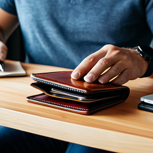 Home 21 A man in a modest business casual shirt, seated at a clean wooden desk, meticulously polishing a classic leather wallet with a soft cloth. The wallet exhibits a beautiful, rich patina developed from years of careful use, reflecting care and longevity. The scene is set in a calm, well-lit home office with a minimalist aesthetic, emphasizing attention to detail. Soft natural light illuminates the scene, highlighting textures. Professional photography, high detail, realistic, fully clothed, appropriate attire, safe for work, perfect anatomy, correct proportions, natural pose, well-formed hands, proper finger count, natural body proportions, family-friendly.