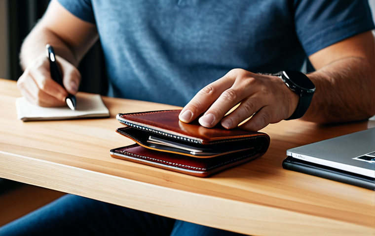 A man in a modest business casual shirt, seated at a clean wooden desk, meticulously polishing a classic leather wallet with a soft cloth. The wallet exhibits a beautiful, rich patina developed from years of careful use, reflecting care and longevity. The scene is set in a calm, well-lit home office with a minimalist aesthetic, emphasizing attention to detail. Soft natural light illuminates the scene, highlighting textures. Professional photography, high detail, realistic, fully clothed, appropriate attire, safe for work, perfect anatomy, correct proportions, natural pose, well-formed hands, proper finger count, natural body proportions, family-friendly.