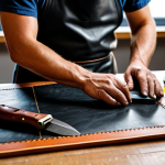 A skilled artisan, wearing a modest, professional work apron, focused on meticulously handcrafting a leather wallet. Their well-formed hands, with correct proportions and proper finger count, are precisely using a sharp leather cutting knife on a piece of leather laid on a self-healing mat. Other essential tools like a hole punch and waxed thread are neatly arranged on the organized workbench. The scene is a clean, well-lit leather crafting studio with soft, natural light, highlighting the textures of the leather and tools. Professional photography, high detail, perfect anatomy, natural pose, safe for work, appropriate content, fully clothed, modest attire, family-friendly.
