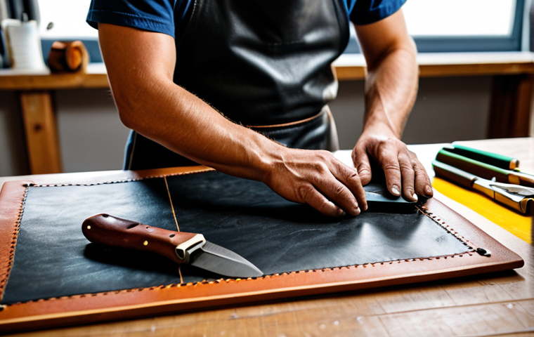 A skilled artisan, wearing a modest, professional work apron, focused on meticulously handcrafting a leather wallet. Their well-formed hands, with correct proportions and proper finger count, are precisely using a sharp leather cutting knife on a piece of leather laid on a self-healing mat. Other essential tools like a hole punch and waxed thread are neatly arranged on the organized workbench. The scene is a clean, well-lit leather crafting studio with soft, natural light, highlighting the textures of the leather and tools. Professional photography, high detail, perfect anatomy, natural pose, safe for work, appropriate content, fully clothed, modest attire, family-friendly.