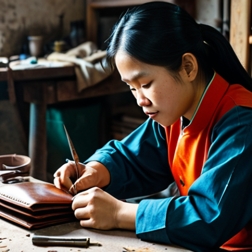 Home 19 ** A Vietnamese artisan, fully clothed in modest traditional clothing, carefully hand-stitching a leather wallet in a brightly lit workshop, surrounded by tools and leather scraps, appropriate content, safe for work, perfect anatomy, natural pose, professional craftsmanship, high detail.
**