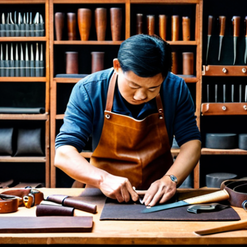 Home 18 가죽공예 독학 방법 - **Image of a Leather Workshop:** "A well-lit leather crafting workshop in Hanoi, Vietnam, featuring ...