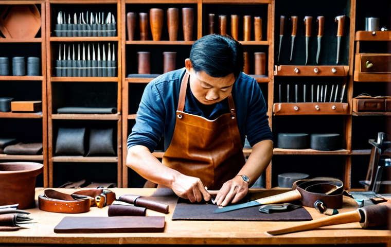 가죽공예 독학 방법 - **Image of a Leather Workshop:** "A well-lit leather crafting workshop in Hanoi, Vietnam, featuring ...