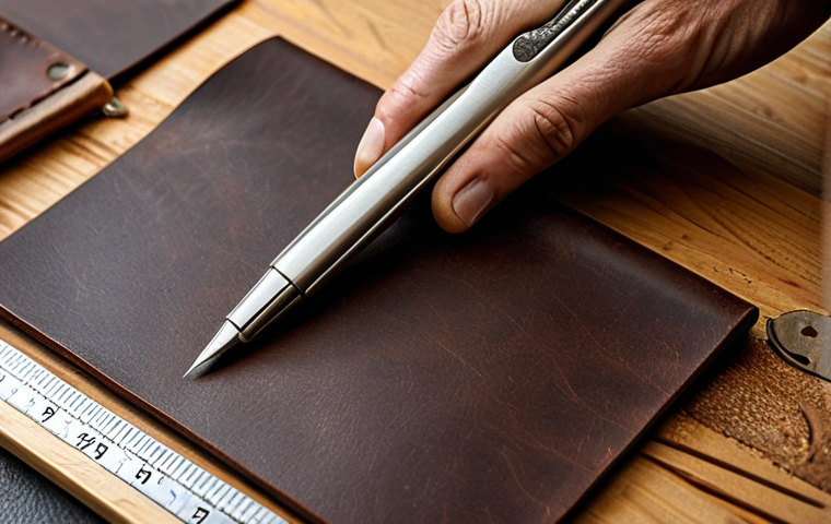 가죽공예 손잡이 퀼팅 - The Art of Leather Selection and Precise Marking**
    Detailed close-up shot of an artisan's hands ...
